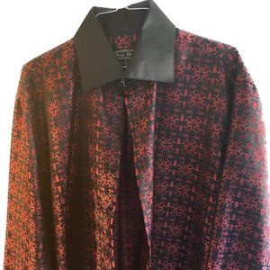 Red and black satin shirt.